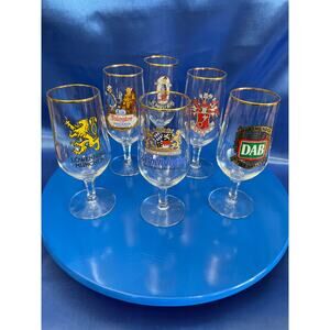 Set of Six Stemmed Glasses with German Beer Logos Gold Trim